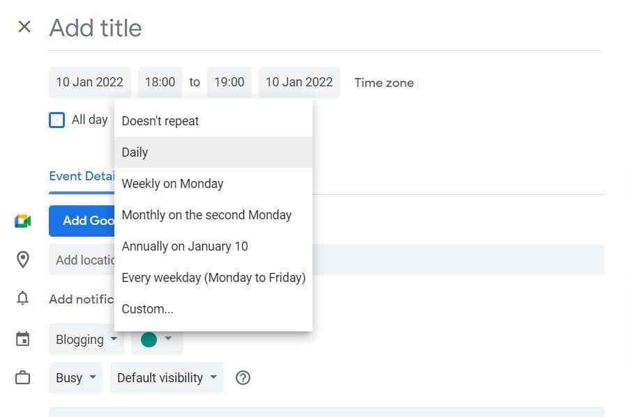 Set up recurring events in Google Calendar