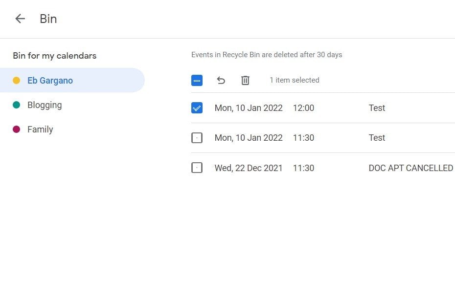 Restore deleted events in Google Calendar