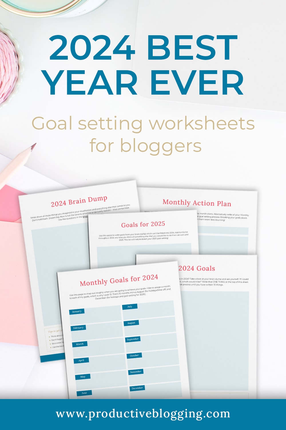 2024 BEST YEAR EVER goal setting worksheets for bloggers. #2024goals #goalsetting #goalsetting2024 #2024planning #2024planner #2024plans #blogginggoals #bloggingdreams #blogplanner #blogplanning #blogplanning2024 #blogplanner2024